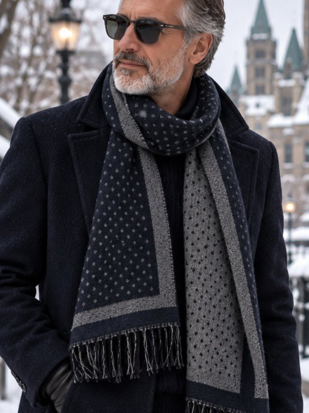 Men’s Reversible Navy Grey Soft Woven Scarf 33 x 200 cm